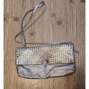 Elliott Lucca Metallic Woven Leather Foldover Crossbody Clutch Bag Pewter VTG